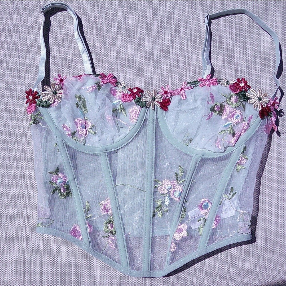 Mint Green Floral Embroidered Mesh Corset Top XS Sweetheart Underwire